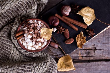 Sıcak kakao marshmallows eski ahşap kurullarında baharatlar ile birlikte. Kahve, kakao, tarçın, fındık, yıldız anason, rahat bluzunu