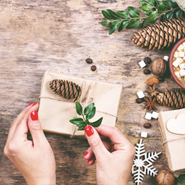 hediye, köknar dalı, fındık, koniler, kakao, kahve, sıcak örme battaniye. Kış, yeni yıl, yılbaşı natürmort