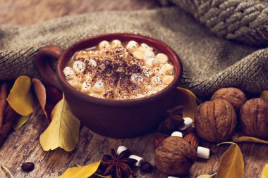 Sıcak kakao marshmallows eski ahşap kurullarında baharatlar ile birlikte. Kahve, kakao, tarçın, fındık, Yıldız anason, rahat kazak.