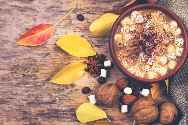 Warme Chocolademelk Met Marshmallows Met Specerijen Oude Houten Planken Koffie — Stockfoto