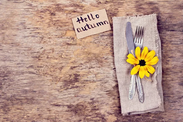 Configuração Mesa Com Decoração Outono Garfo Faca Guardanapo Talheres Decorações — Fotografia de Stock