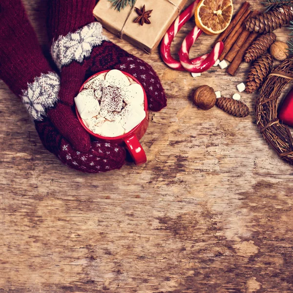 hediye, köknar dalı, fındık, koniler, kakao, kahve, sıcak örme battaniye. Kış, yeni yıl, yılbaşı natürmort