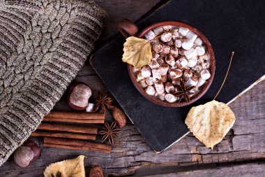 Sıcak kakao marshmallows eski ahşap kurullarında baharatlar ile birlikte. Kahve, kakao, tarçın, fındık, yıldız anason, rahat bluzunu