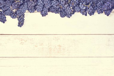 Beyaz tahtalarda mavi üzümler. Üzümlü arka plan, Top view, yakın plan. Metnin için yer.
