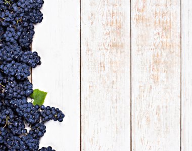 Beyaz tahtalarda mavi üzümler. Üzümlü arka plan, Top view, yakın plan. Metnin için yer.