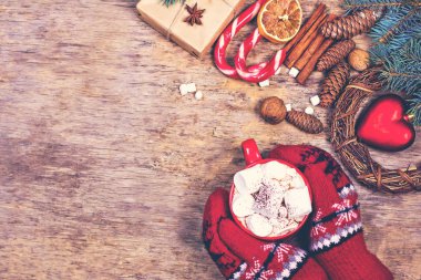 hediye, köknar dalı, fındık, koniler, kakao, kahve, sıcak örme battaniye. Kış, yeni yıl, yılbaşı natürmort.