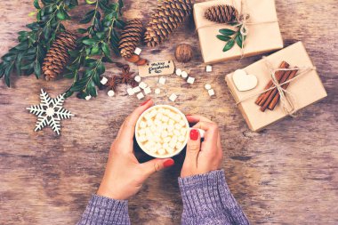 Kakao, kahve, hediye, köknar dalı, fındık, koni, sıcak örgü battaniye. Noel kurabiyeleri Bir kadının eli bir kupayı tutar. Kış, yeni yıl, Noel durgun hayat. 