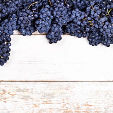 Beyaz tahtalarda mavi üzümler. Üzümlü arka plan, Top view, yakın plan. Metnin için yer.