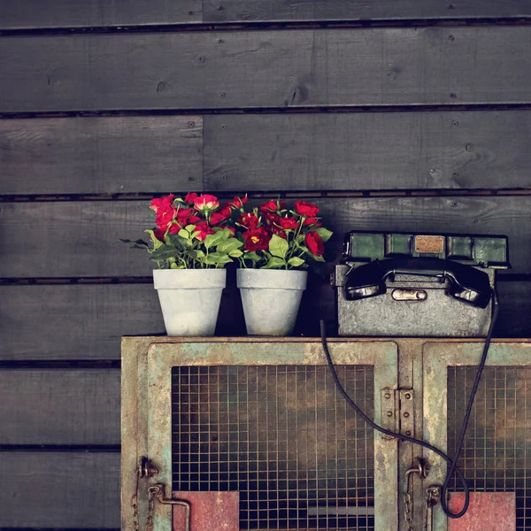 Viejo Teléfono Una Maceta Plantas Bodegón Con Cosas Vintage Feria —  Fotos de Stock