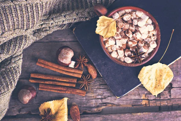 Sıcak kakao marshmallows eski ahşap kurullarında baharatlar ile birlikte. Kahve, kakao, tarçın, fındık, yıldız anason, rahat bluzunu