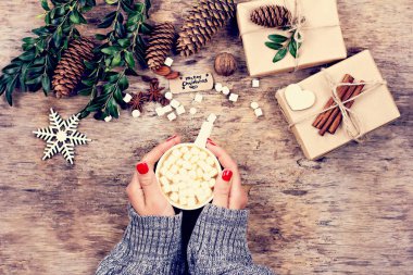 Kakao, kahve, hediye, köknar dalı, fındık, koni, sıcak örgü battaniye. Noel kurabiyeleri Bir kadının eli bir kupayı tutar. Kış, yeni yıl, Noel durgun hayat. 