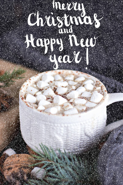 Cocoa, coffee  with marshmallows, nuts, gift. Winter, New Year, Christmas still life.