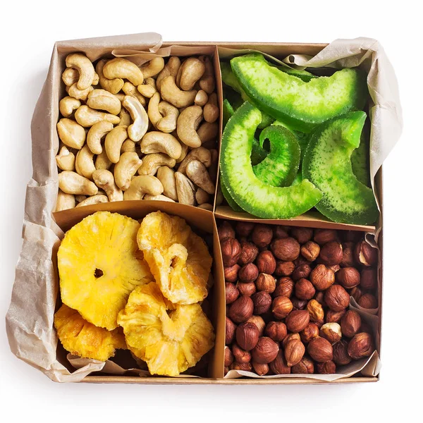 Box Nuts Dried Fruits Old Wooden Background Hazelnut Cashew Dried — Stock Photo, Image
