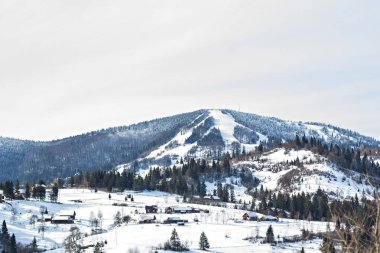 Kış dağ manzarası. Kar dağlarda. İlk kar dağlarda. Karpat Dağları'nda ilk buz kaplı dağ çayır üzerinde Alacakaranlık.