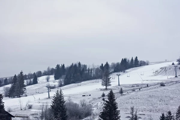 Téli Hegyi Táj Hóban Hegyek Első Hegyekben Twilight Hegyi Réten — Stock Fotó