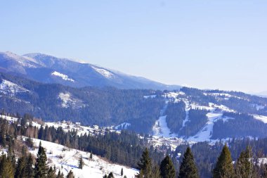 Kış dağ manzarası. Kar dağlarda. İlk kar dağlarda. Karpat Dağları'nda ilk buz kaplı dağ çayır üzerinde Alacakaranlık.