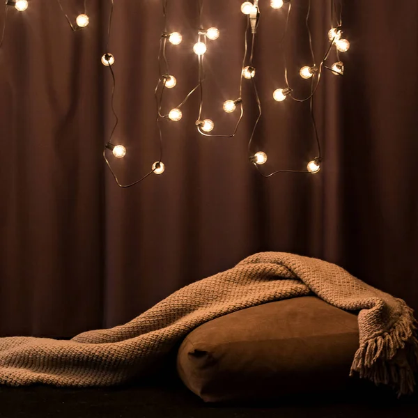 Cozy Corner House Lights Sofa Pillows Blanket Hyuugge Cozy Home — Stock Photo, Image