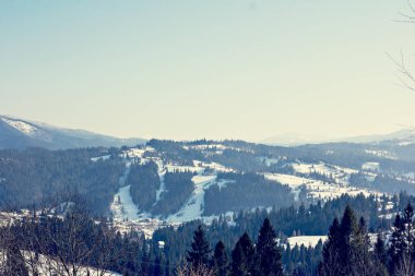 Kış dağ manzarası. Kar dağlarda. İlk kar dağlarda. Karpat Dağları'nda ilk buz kaplı dağ çayır üzerinde Alacakaranlık.