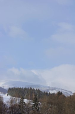 Kış dağ manzarası. Kar dağlarda. İlk kar dağlarda. Karpat Dağları'nda ilk buz kaplı dağ çayır üzerinde Alacakaranlık.