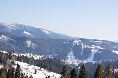 Kış dağ manzarası. Kar dağlarda. İlk kar dağlarda. Karpat Dağları'nda ilk buz kaplı dağ çayır üzerinde Alacakaranlık.