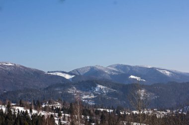 Kış dağ manzarası. Kar dağlarda. İlk kar dağlarda. Karpat Dağları'nda ilk buz kaplı dağ çayır üzerinde Alacakaranlık.