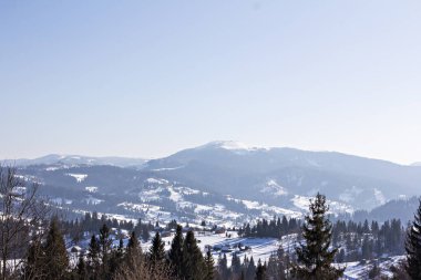 Kış dağ manzarası. Kar dağlarda. İlk kar dağlarda. Karpat Dağları'nda ilk buz kaplı dağ çayır üzerinde Alacakaranlık.