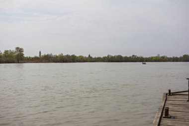 Ahşap iskele Tuna Nehri üzerinde. Tuna Nehri üzerinde bahar