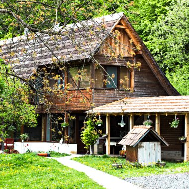 Çiftlik evi. Bir güneşli sabah üzerinde doğal görünümü