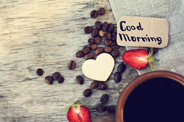 Kaffee Erdbeere Die Aufschrift Guten Morgen — Stockfoto