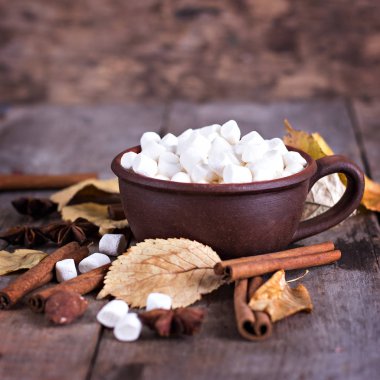 Kahve, marshmallow ve sonbahar ile kakao.