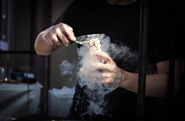 fried ice cream rolls at freeze pan