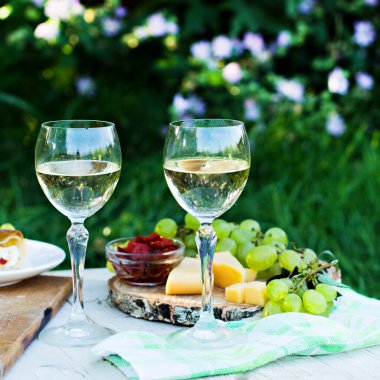 Beyaz şarap ve hafif atıştırmalıklar. Doğada romantik yaz yemeği. Piknik.