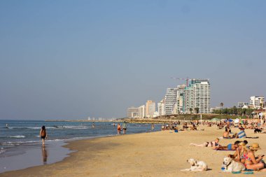 Tel Aviv seti. Tahta kaldırım bölgesi. Güverteden deniz manzarası. İsrail, Tel Aviv.