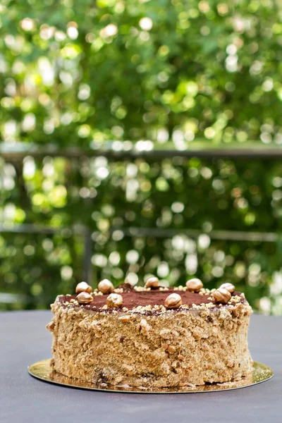 Pastel de chocolate, un pastel bellamente decorado, un pedazo de pastel. — Foto de Stock