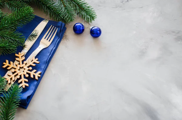 Background Writing Christmas Menu Winter Table Setting Christmas Tree Cutlery — Stock Photo, Image