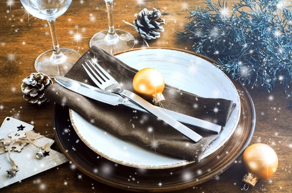 Simple Christmas Table Place Setting Wooden Background Vintage Rustic Style — Stock Photo, Image