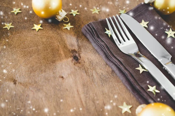 Background Writing Christmas Menu Winter Table Setting Christmas Tree Cutlery — Stock Photo, Image