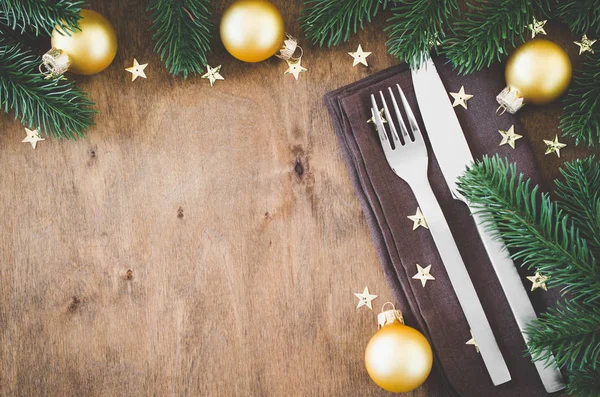 Background Writing Christmas Menu Winter Table Setting Christmas Tree Cutlery — Stock Photo, Image