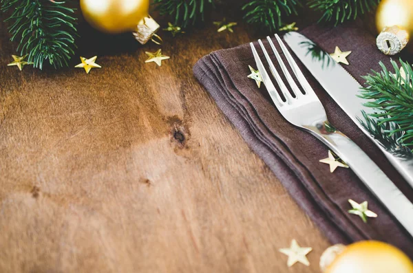 Background Writing Christmas Menu Winter Table Setting Christmas Tree Cutlery — Stock Photo, Image