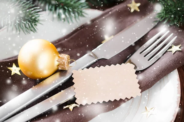 Simple Christmas Table Place Setting Wooden Background Vintage Rustic Style — Stock Photo, Image