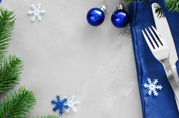 Background Writing Christmas Menu Winter Table Setting Christmas Tree Cutlery — Stock Photo, Image