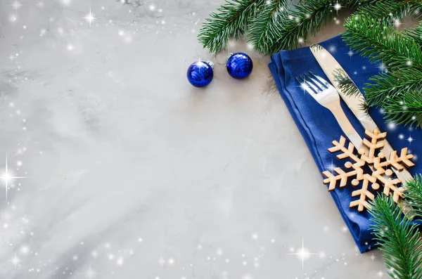 Background Writing Christmas Menu Winter Table Setting Christmas Tree Cutlery — Stock Photo, Image