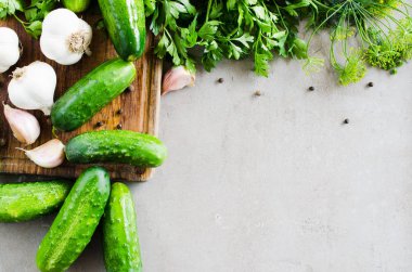 Preparat, sebze, sarımsak, tuz ve baharatlarla Marine edilmiş koruma salatalıklar.