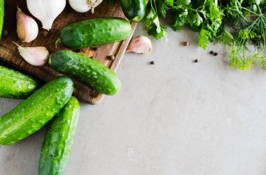 Preparat, sebze, sarımsak, tuz ve baharatlarla Marine edilmiş koruma salatalıklar.