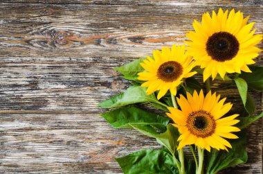 Vintage dokulu ahşap masa üzerinde sarı ayçiçeği bir buket ile Sonbahar arka plan.