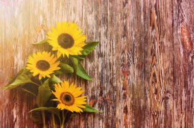 Vintage dokulu ahşap masa üzerinde sarı ayçiçeği bir buket ile Sonbahar arka plan.
