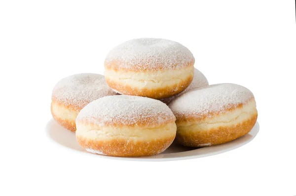 Traditionele Zoete Donuts Met Poedersuiker Jam Dikke Donderdag Chanoeka Feest — Stockfoto