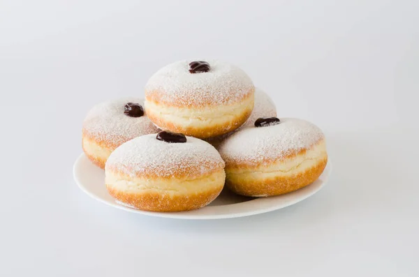 Traditional Sweet Donuts Powdered Sugar Jam Fat Thursday Hanukkah Celebration — Stock Photo, Image