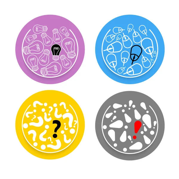 Cztery Kolorowe Koła Symbol Wyobrażenie Wykrzyknik Znak Zapytania Myszy — Wektor stockowy