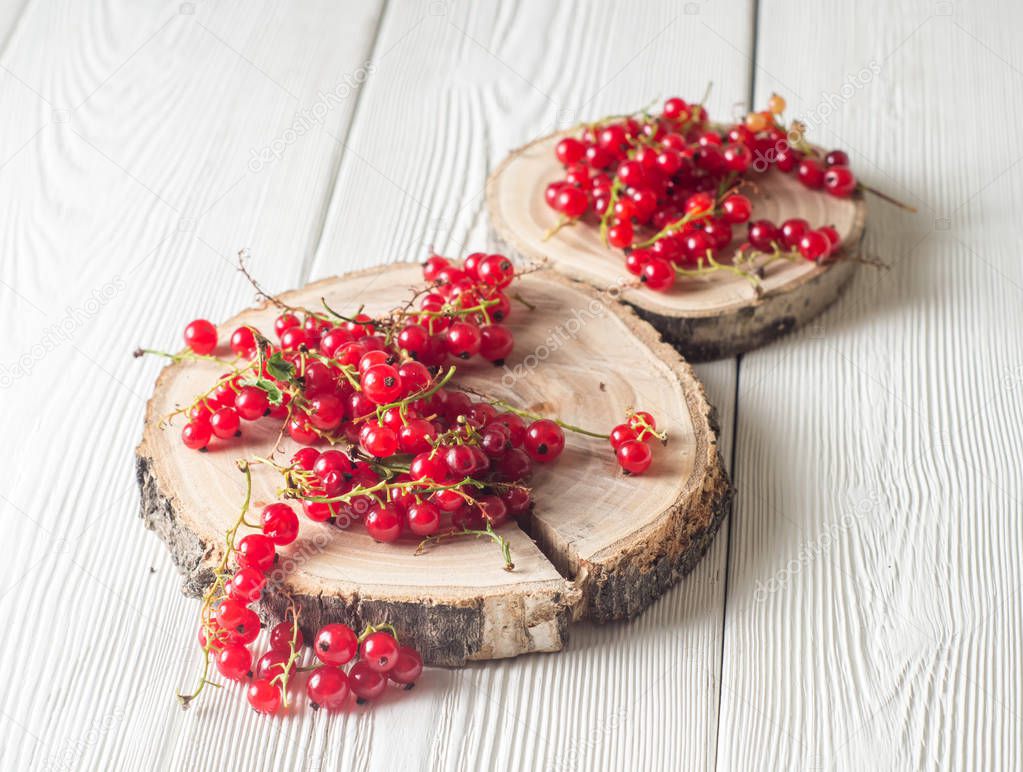 Berry crop: ripe red currants on round wooden stands on a white wooden background. Close-up.
